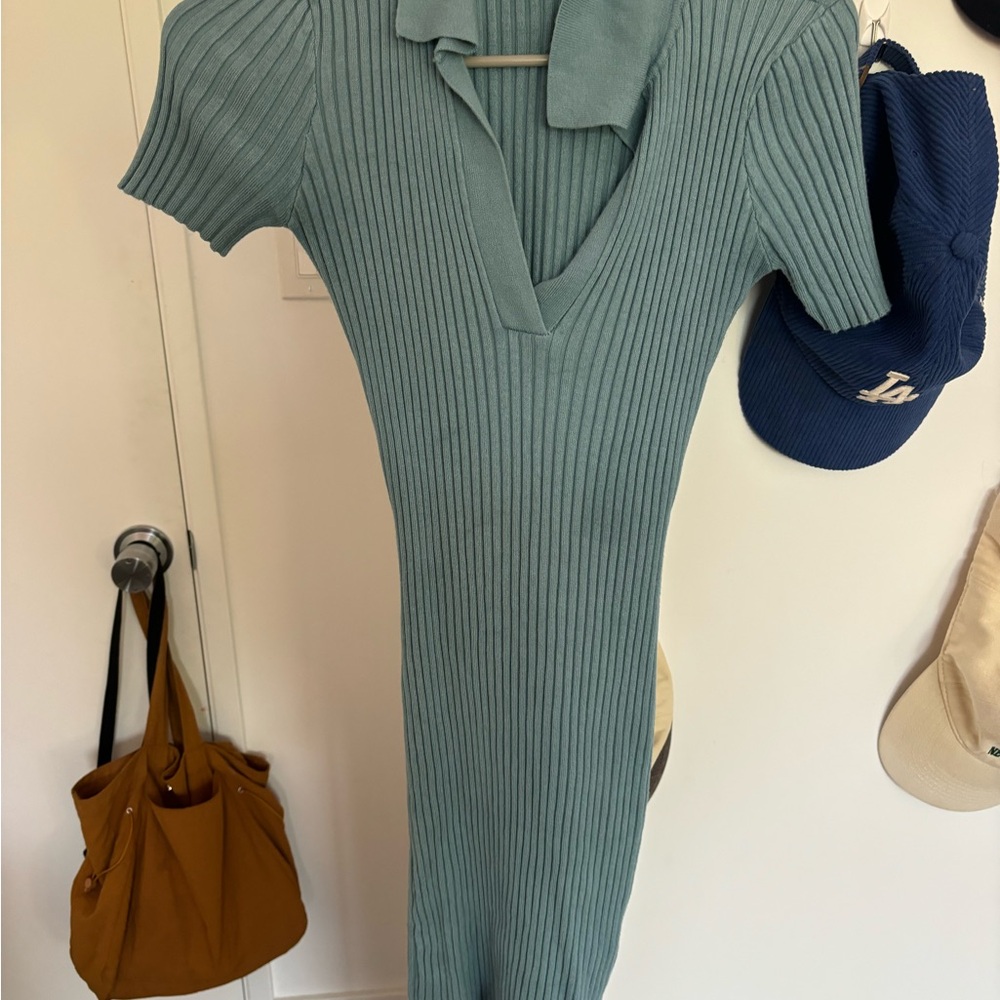 Topshop Green Ribbed Midi Dress with Polo Collar